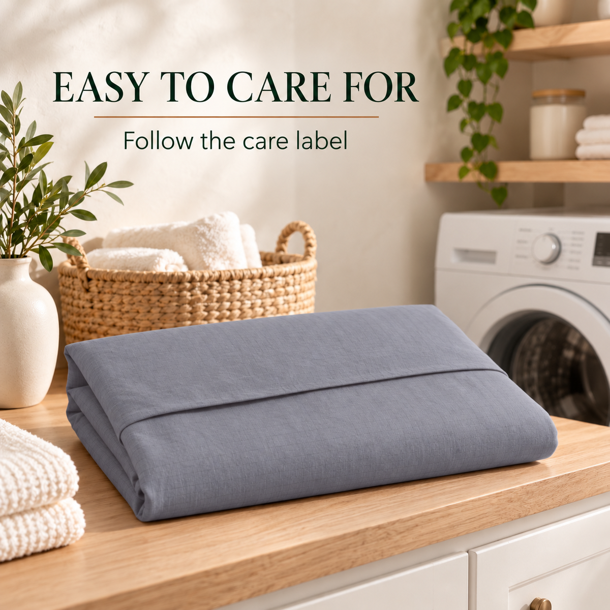 Gray grounding pillowcase shown with care and laundry setting